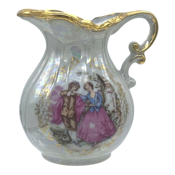 VINTAGE Japan Lusterware Portrait Of Courting Couple Pitcher and Bowl Gold Rim - Picture 2 of 15